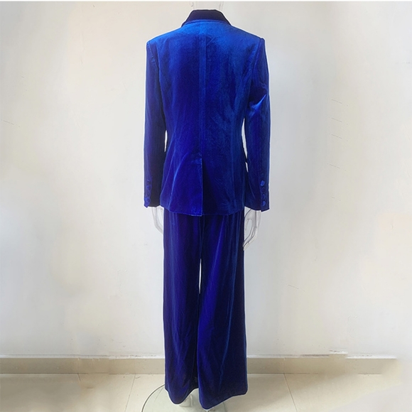 Blue NWT UNBRANDED Velvet Blazer And Wide Leg Pant Matching Set - Picture 8 of 16